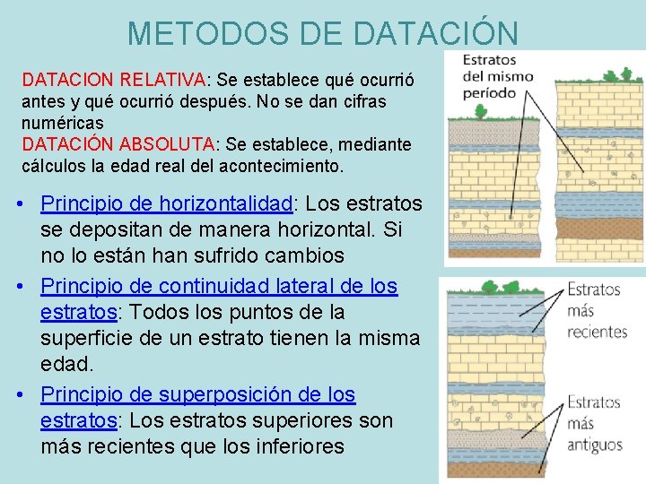 METODOS DE DATACIÓN DATACION RELATIVA: Se establece qué ocurrió antes y qué ocurrió después.