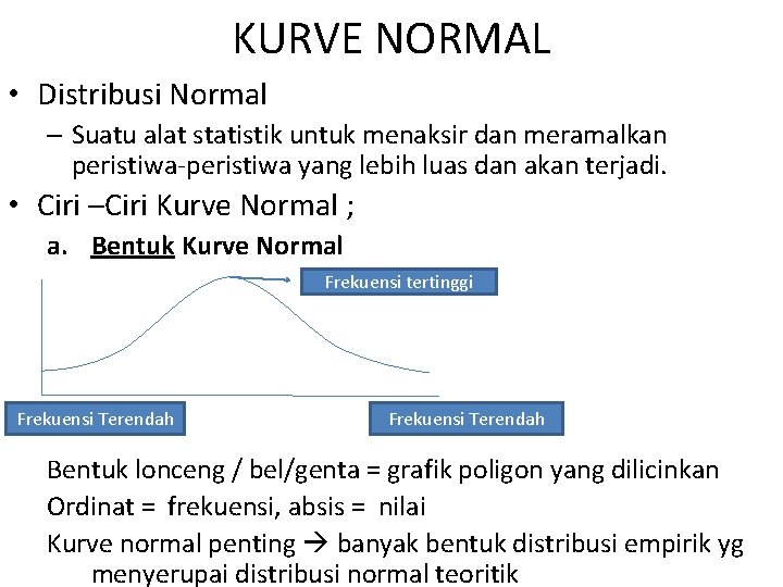 KURVE NORMAL • Distribusi Normal – Suatu alat statistik untuk menaksir dan meramalkan peristiwa-peristiwa