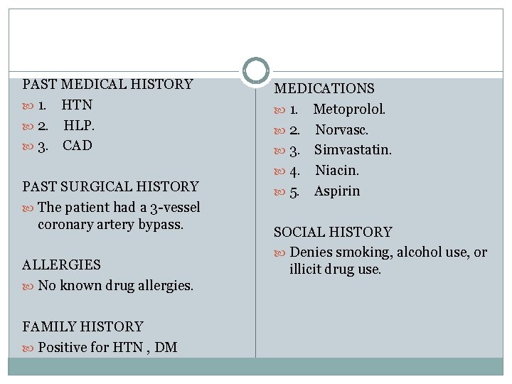 PAST MEDICAL HISTORY 1. HTN 2. HLP. 3. CAD PAST SURGICAL HISTORY The patient
