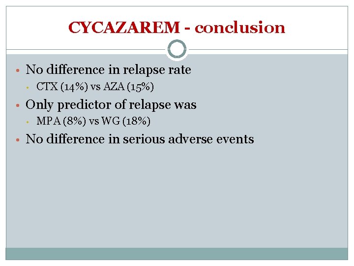 CYCAZAREM - conclusion • No difference in relapse rate • CTX (14%) vs AZA