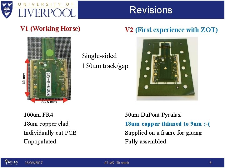 Revisions V 1 (Working Horse) V 2 (First experience with ZOT) Single-sided 150 um
