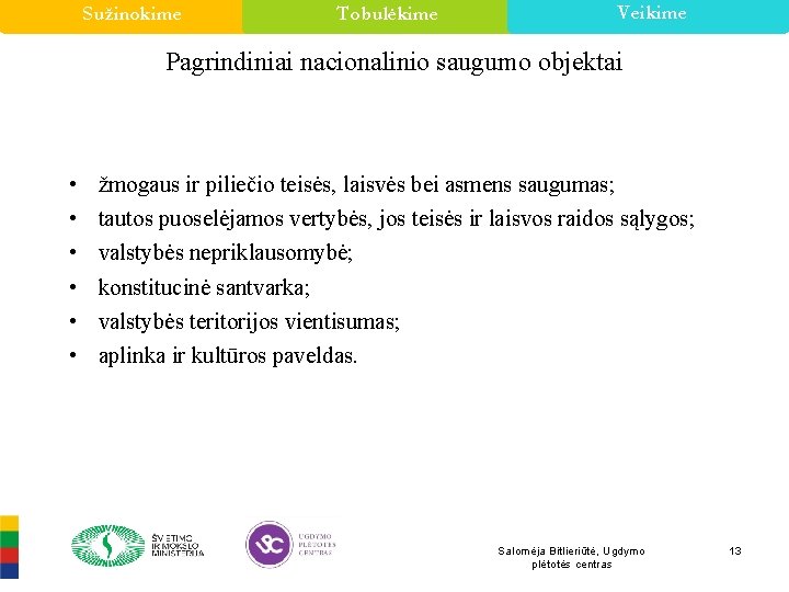 Sužinokime Tobulėkime Veikime Pagrindiniai nacionalinio saugumo objektai • • • žmogaus ir piliečio teisės,