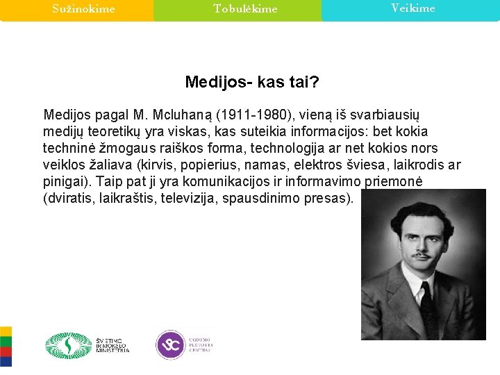 Sužinokime Tobulėkime Veikime Medijos- kas tai? Medijos pagal M. Mcluhaną (1911 -1980), vieną iš