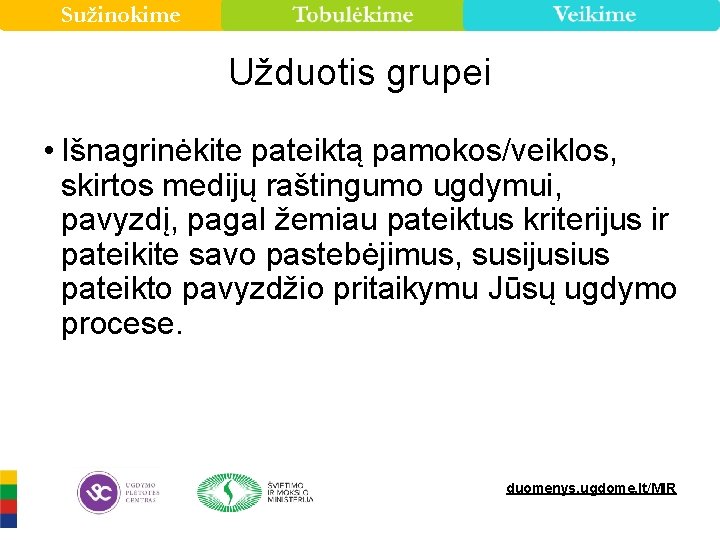 Sužinokime Užduotis grupei • Išnagrinėkite pateiktą pamokos/veiklos, skirtos medijų raštingumo ugdymui, pavyzdį, pagal žemiau