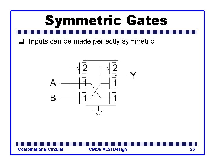 Symmetric Gates q Inputs can be made perfectly symmetric Combinational Circuits CMOS VLSI Design Symmetric Gates q Inputs can be made perfectly symmetric Combinational Circuits CMOS VLSI Design