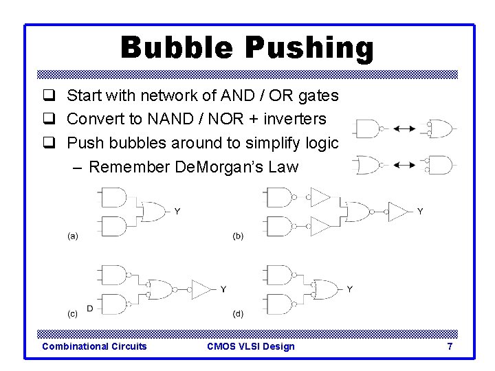 Bubble Pushing q Start with network of AND / OR gates q Convert to