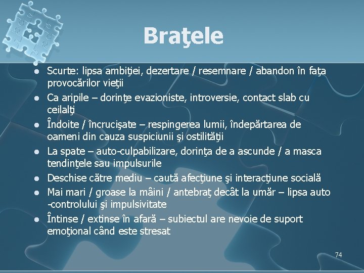 Braţele l l l l Scurte: lipsa ambiţiei, dezertare / resemnare / abandon în