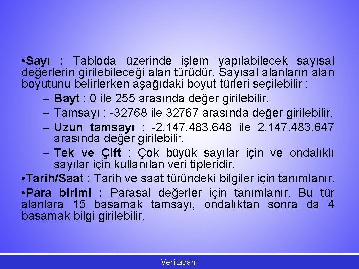  • Sayı : Tabloda üzerinde işlem yapılabilecek sayısal değerlerin girilebileceği alan türüdür. Sayısal