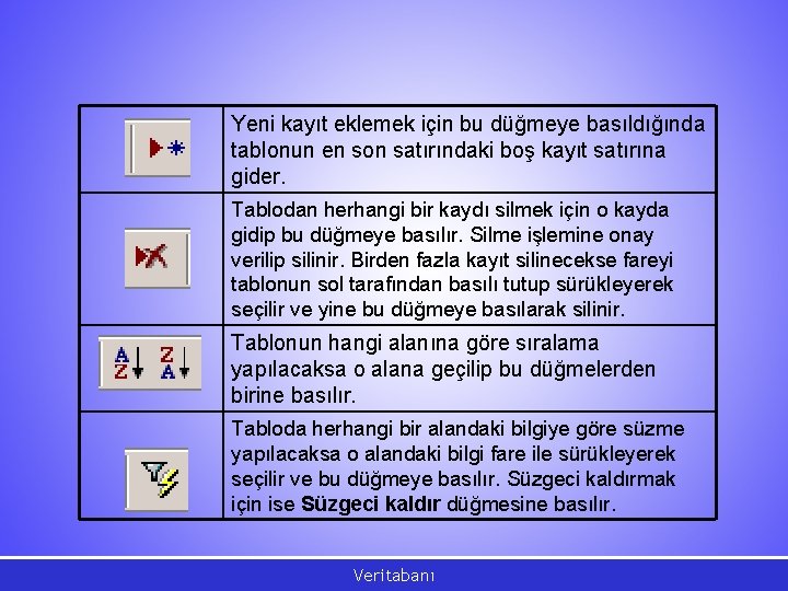 Yeni kayıt eklemek için bu düğmeye basıldığında tablonun en son satırındaki boş kayıt satırına