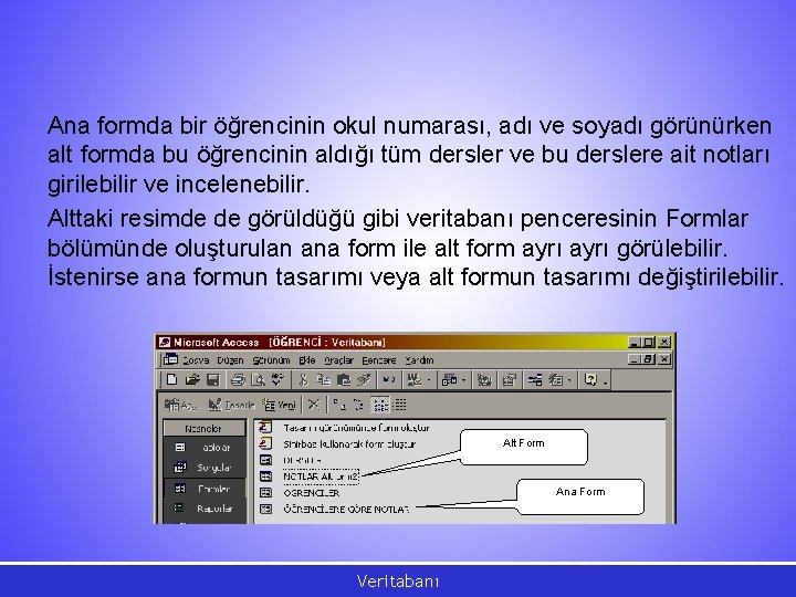 Ana formda bir öğrencinin okul numarası, adı ve soyadı görünürken alt formda bu öğrencinin