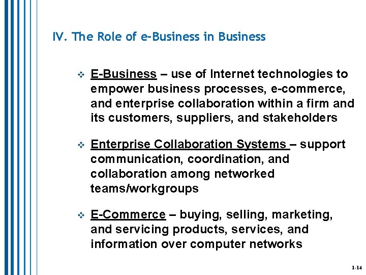 IV. The Role of e-Business in Business v E-Business – use of Internet technologies