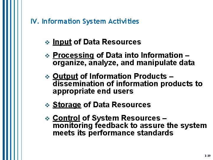 IV. Information System Activities v Input of Data Resources v Processing of Data into