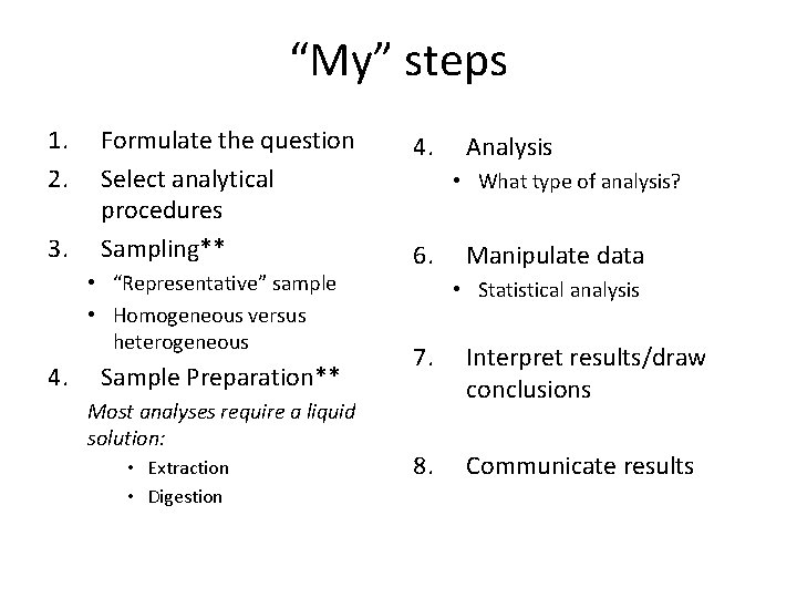 “My” steps 1. 2. 3. Formulate the question Select analytical procedures Sampling** • “Representative” “My” steps 1. 2. 3. Formulate the question Select analytical procedures Sampling** • “Representative”