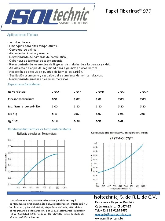 Papel Fiberfrax® 970 Aplicaciones Típicas • en ollas de acero. • Empaques para altas