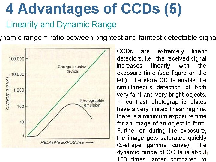 4 Advantages of CCDs (5) Linearity and Dynamic Range ynamic range = ratio between