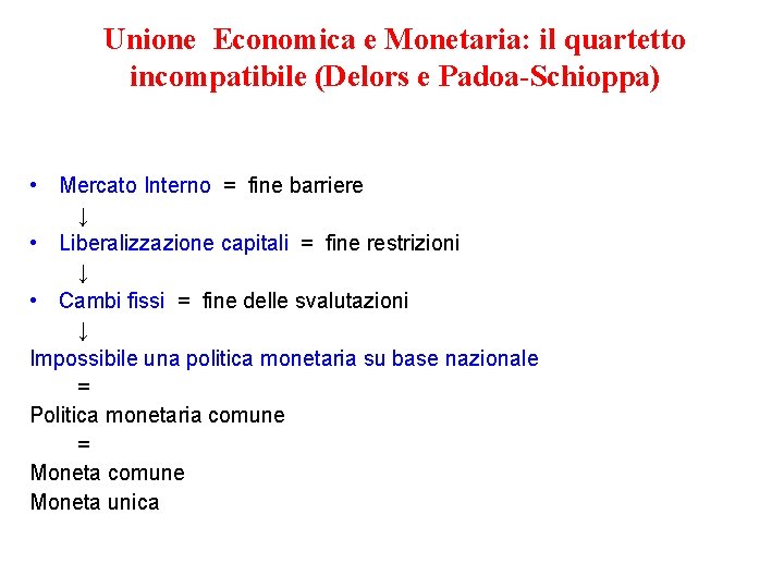Unione Economica e Monetaria: il quartetto incompatibile (Delors e Padoa-Schioppa) • Mercato Interno =