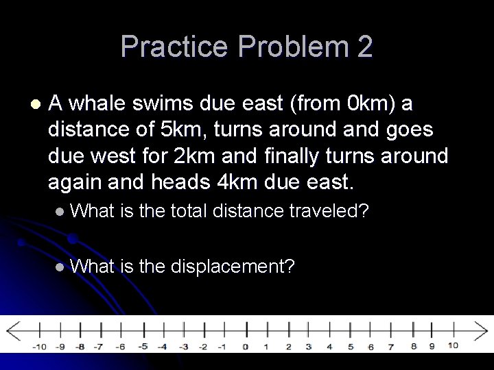 Practice Problem 2 l A whale swims due east (from 0 km) a distance