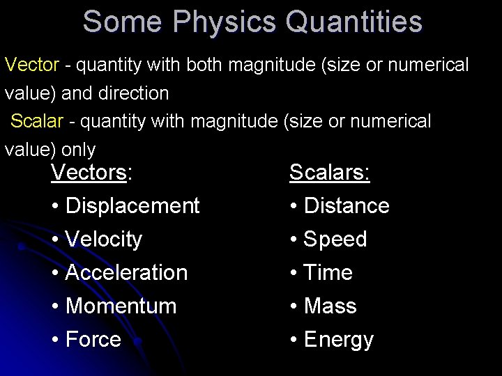 Some Physics Quantities Vector - quantity with both magnitude (size or numerical value) and