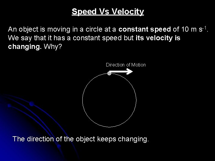 Speed Vs Velocity An object is moving in a circle at a constant speed