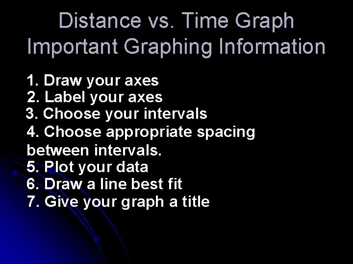 Distance vs. Time Graph Important Graphing Information 1. Draw your axes 2. Label your