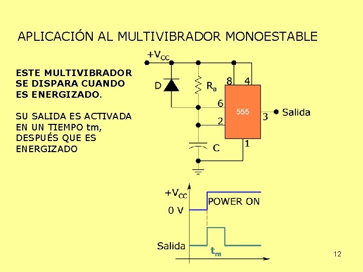 APLICACIÓN AL MULTIVIBRADOR MONOESTABLE ESTE MULTIVIBRADOR SE DISPARA CUANDO ES ENERGIZADO. SU SALIDA ES