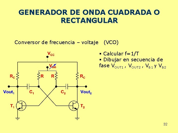 GENERADOR DE ONDA CUADRADA O RECTANGULAR Conversor de frecuencia – voltaje (VCO) § Calcular