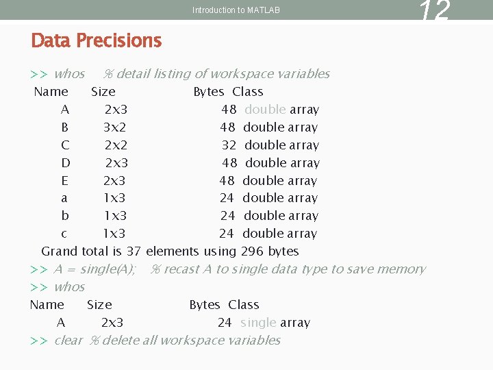 Introduction to MATLAB Data Precisions 12 >> whos % detail listing of workspace variables
