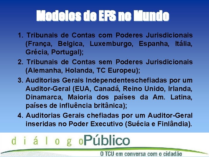 Modelos de EFS no Mundo 1. Tribunais de Contas com Poderes Jurisdicionais (França, Belgica,