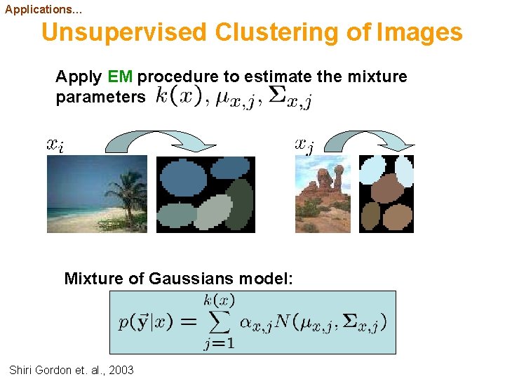 Applications… Unsupervised Clustering of Images Apply EM procedure to estimate the mixture parameters Mixture