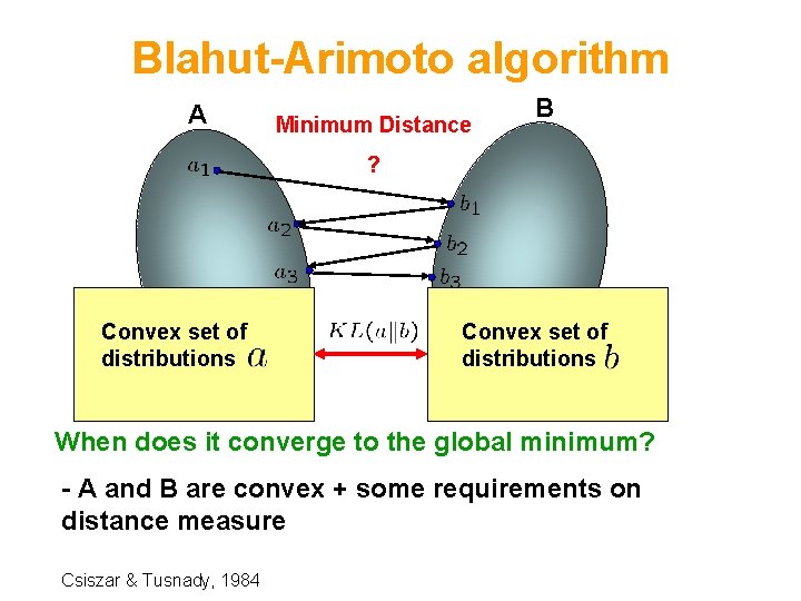 Blahut-Arimoto algorithm A Minimum Distance B ? Convex set of distributions When does it