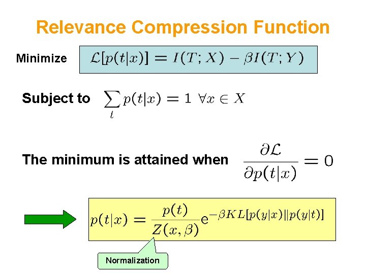 Relevance Compression Function Minimize Subject to The minimum is attained when Normalization 
