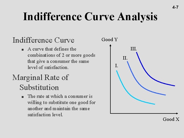 4 -7 Indifference Curve Analysis Indifference Curve n A curve that defines the combinations