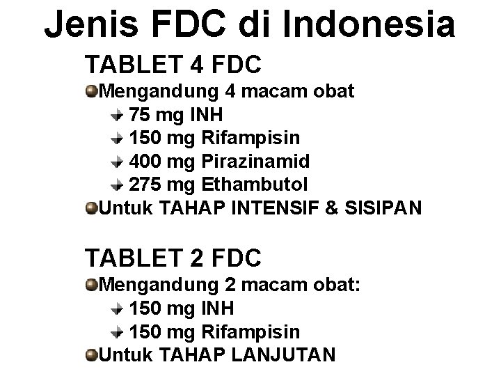 Jenis FDC di Indonesia TABLET 4 FDC Mengandung 4 macam obat 75 mg INH