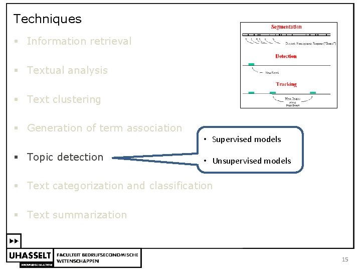 Techniques § Information retrieval § Textual analysis § Text clustering § Generation of term