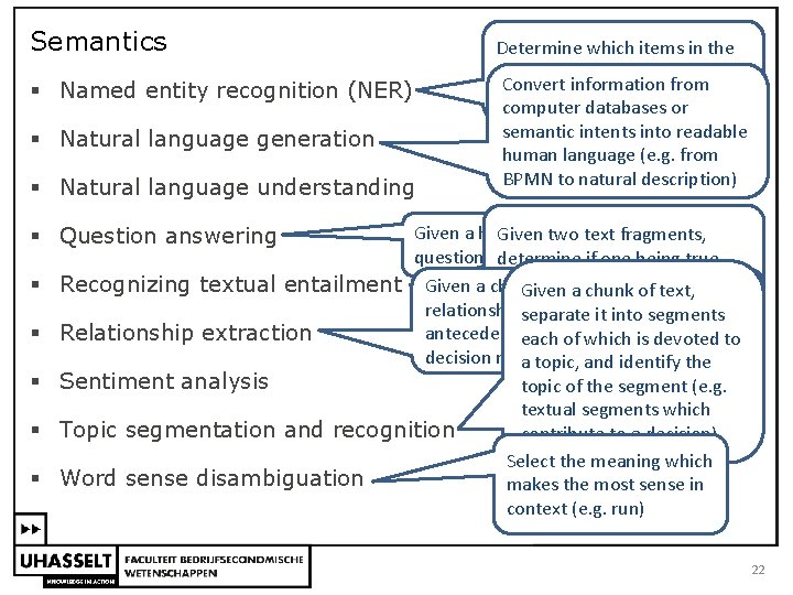 Semantics § Named entity recognition (NER) § Natural language generation § Natural language understanding