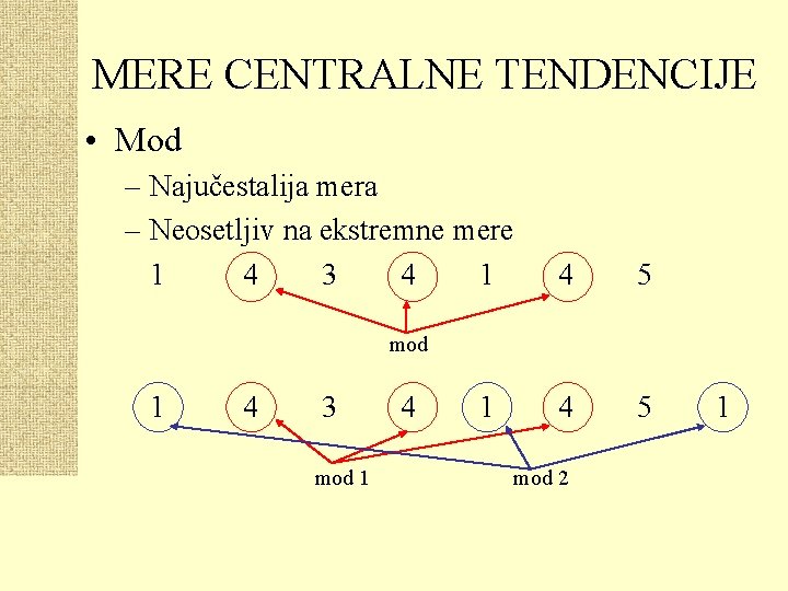 MERE CENTRALNE TENDENCIJE • Mod – Najučestalija mera – Neosetljiv na ekstremne mere 1