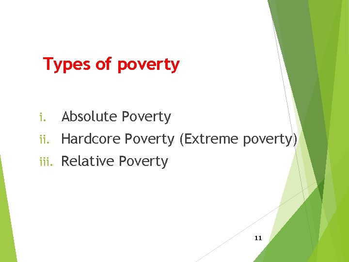 Types of poverty i. Absolute Poverty ii. Hardcore Poverty (Extreme poverty) iii. Relative Poverty