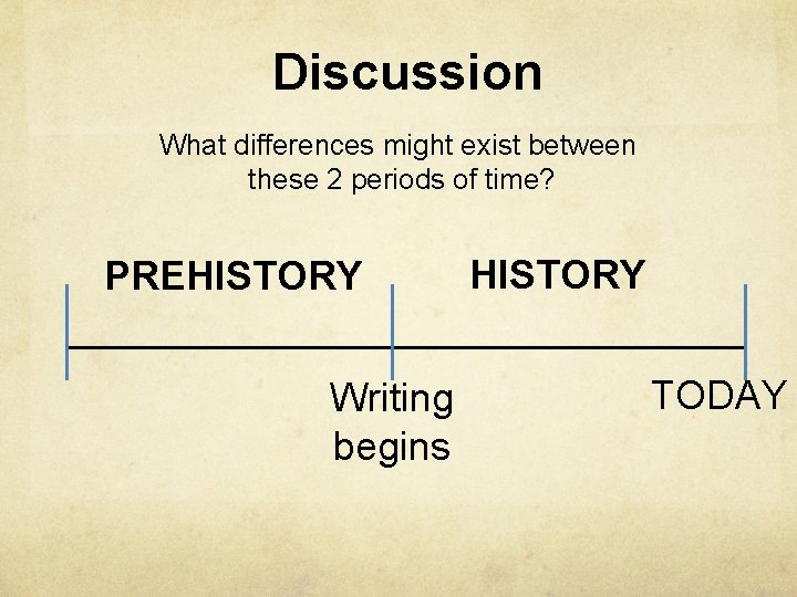 Discussion What differences might exist between these 2 periods of time? PREHISTORY Writing begins