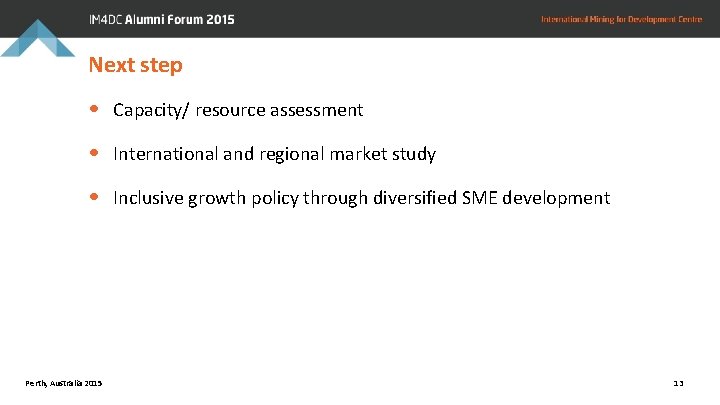 Next step • Capacity/ resource assessment • International and regional market study • Inclusive