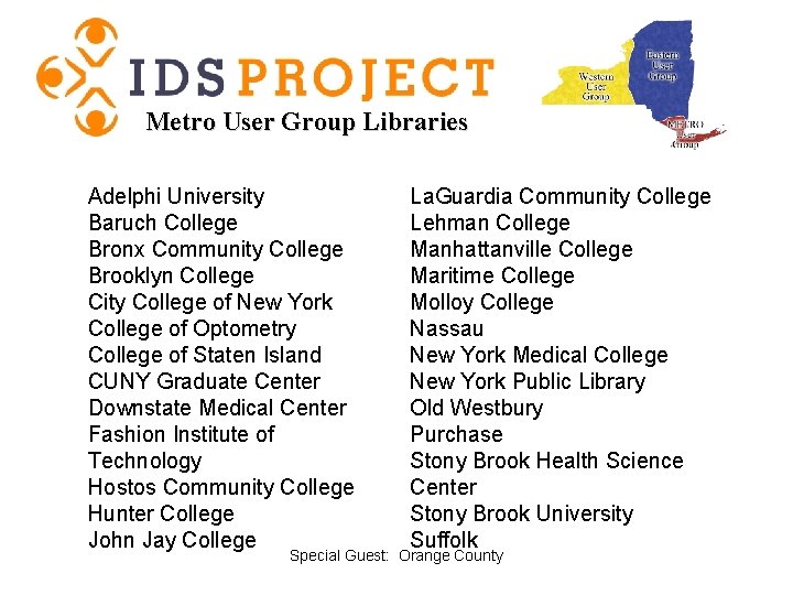 Metro User Group Libraries Adelphi University Baruch College Bronx Community College Brooklyn College City