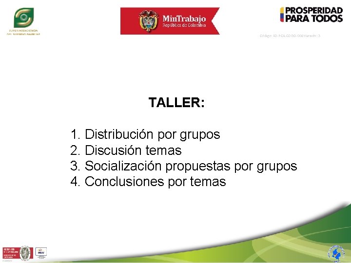 Código: FO-PCA-CODO-008 Versión: 3 TALLER: 1. Distribución por grupos 2. Discusión temas 3. Socialización