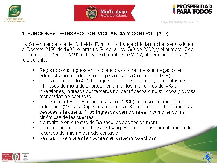 Código: FO-PCA-CODO-008 Versión: 3 1 - FUNCIONES DE INSPECCIÓN, VIGILANCIA Y CONTROL (A-D) La