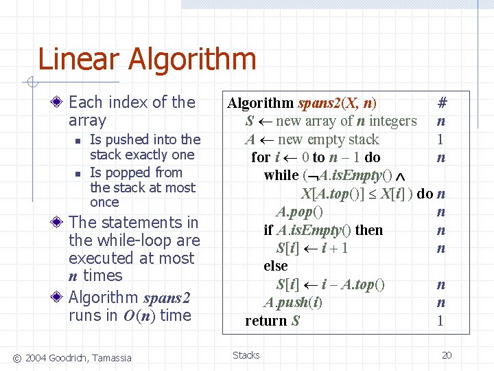 Linear Algorithm Each index of the array n n Is pushed into the stack