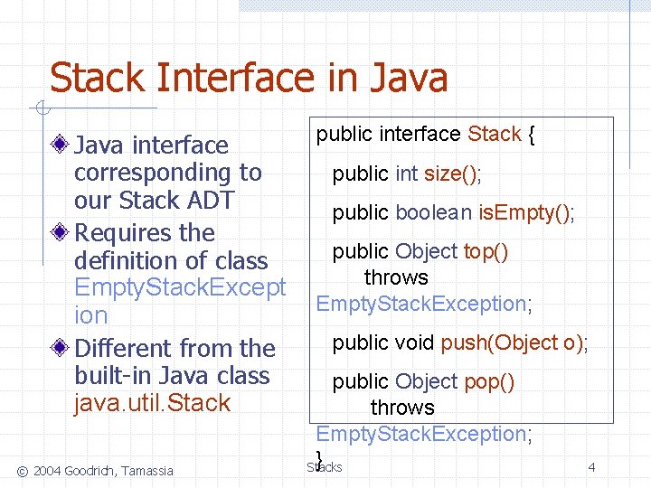 Stack Interface in Java interface corresponding to our Stack ADT Requires the definition of