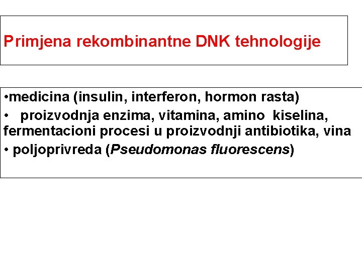 Primjena rekombinantne DNK tehnologije • medicina (insulin, interferon, hormon rasta) • proizvodnja enzima, vitamina,