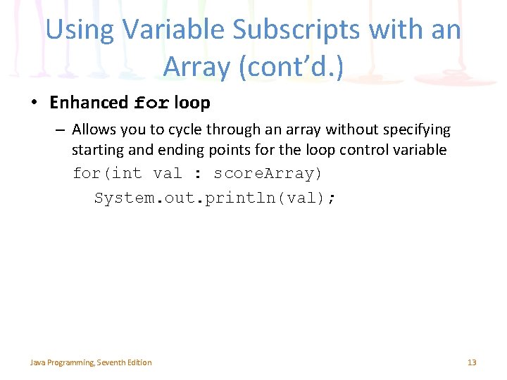 Using Variable Subscripts with an Array (cont’d. ) • Enhanced for loop – Allows