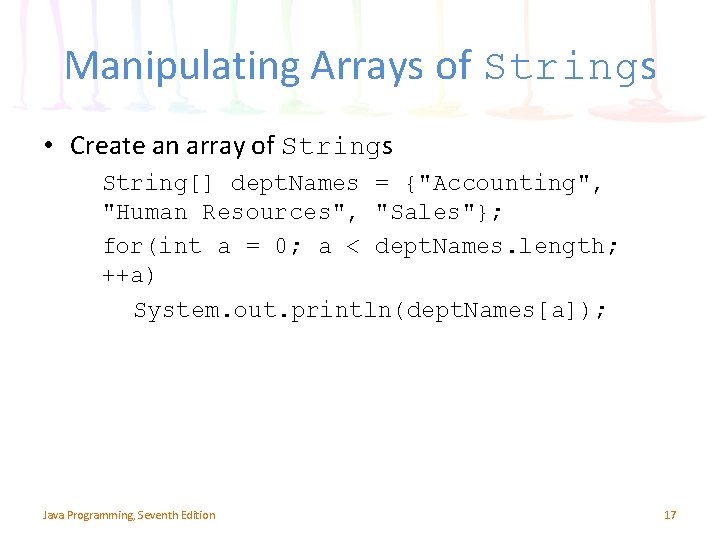 Manipulating Arrays of Strings • Create an array of Strings String[] dept. Names =