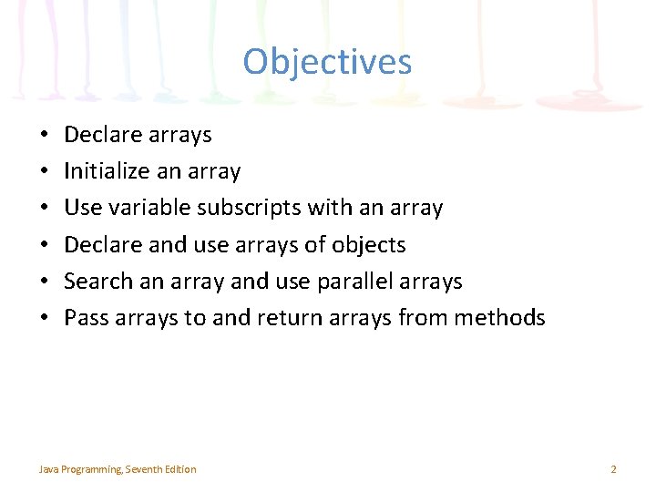 Objectives • • • Declare arrays Initialize an array Use variable subscripts with an