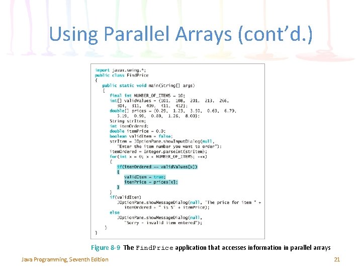 Using Parallel Arrays (cont’d. ) Figure 8 -9 The Find. Price application that accesses
