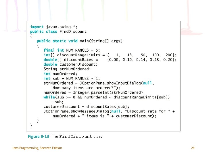 Figure 8 -13 The Find. Discount class Java Programming, Seventh Edition 24 